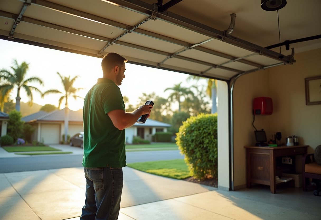 Technician adjusting a belt-drive garage opener — Currumbin Waters